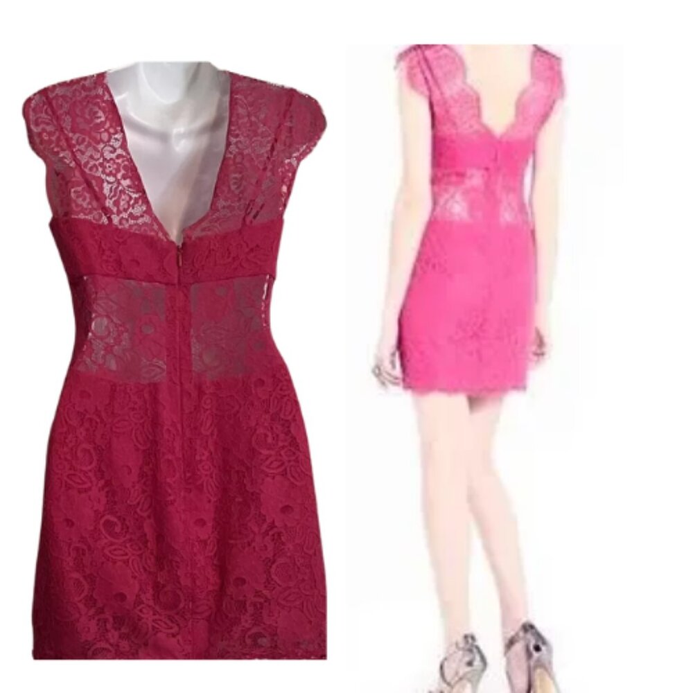 BCBG Max Azria Devom Begonia Pink Lace Overlay Sheer Lace Midriff Sleeves - Picture 6 of 11